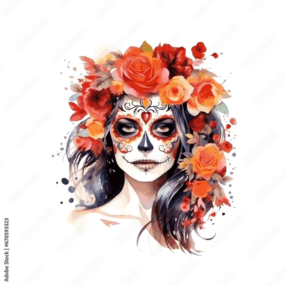 Dia DE Los Muertos face painting, Mexican Holiday, halloween dead girl scull with flowers