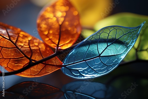 Close-up of leaves, natural shades, transparent layered colors, environmentally friendly liquid, good for backgrounds, blogs, presentations, advertisements, social media, etc. Generative Ai Image