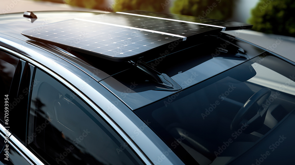 Close-up of a modern car with a solar panel installed on the roof. Concept of technology, ecology, energy.