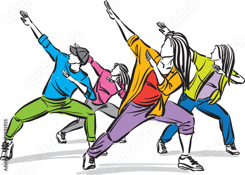 HipHop B fitness dancers together doodle design drawing vector illustration