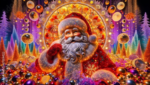 A vibrant digital artwork featuring a detailed, glowing Santa Claus surrounded by colorful Christmas trees, shiny ornaments, and golden arches with a mesmerizing, magical aura. Generative AI.