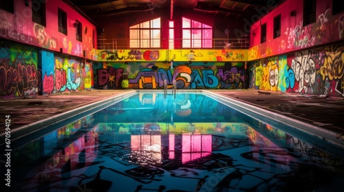 Abandoned swimming pool covered in vibrant graffiti, reflecting in still waters, illuminated by pink and blue hues from windows. Generative AI.