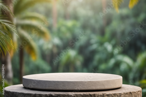 Empty Stone or Rock Rounded Podium with Blurred Tropical Forest Jungle Background
