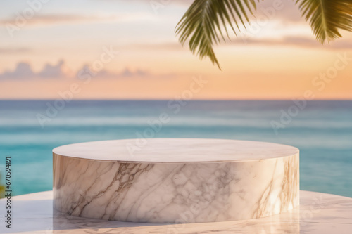 Empty White Marble Minimalist Modern Rounded Podium with Blurred Beach Background at Dawn or Dusk