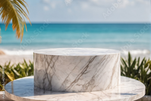 Empty White Marble Minimalist Modern Rounded Podium with Blurred Beach Background