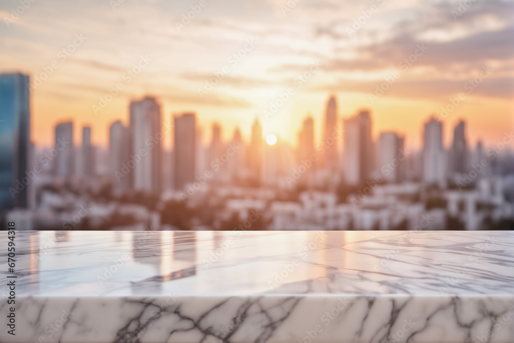 Empty White Marble Table with Blurred City Skyscraper Scape View Landscape Background at Dawn or Dusk