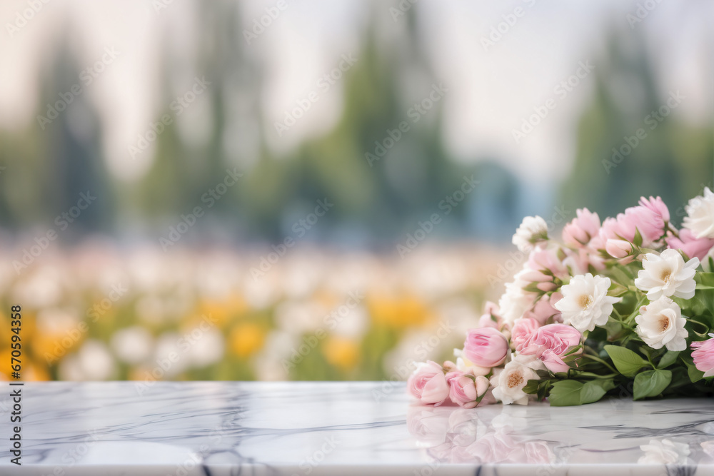 White Marble Table with Flowers and Blurred Floral Background White Marble Table with Flowers and Blurred Floral Background