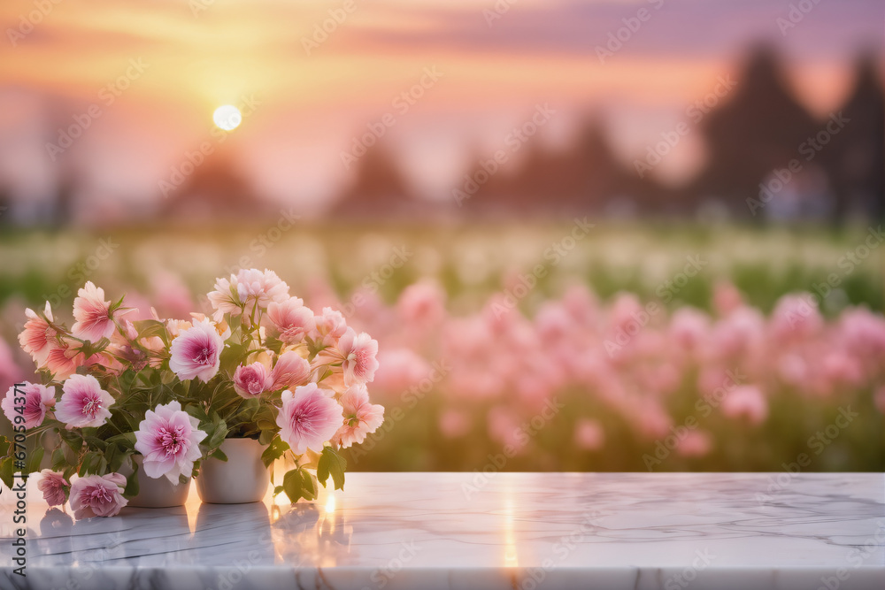 White Marble Table with Flowers and Blurred Floral Background at Dawn or Dusk
