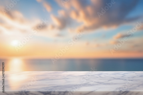 Empty White Marble Table with Blurred Blue Sea Ocean Background at Dawn or Dusk