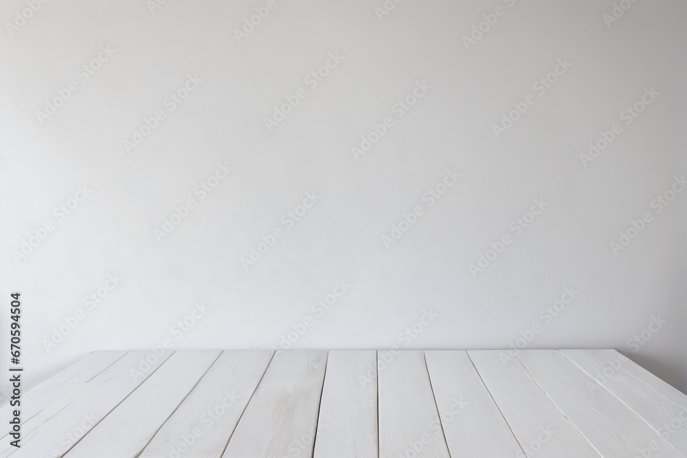 Empty White Wooden Table with White Clean Wall Background