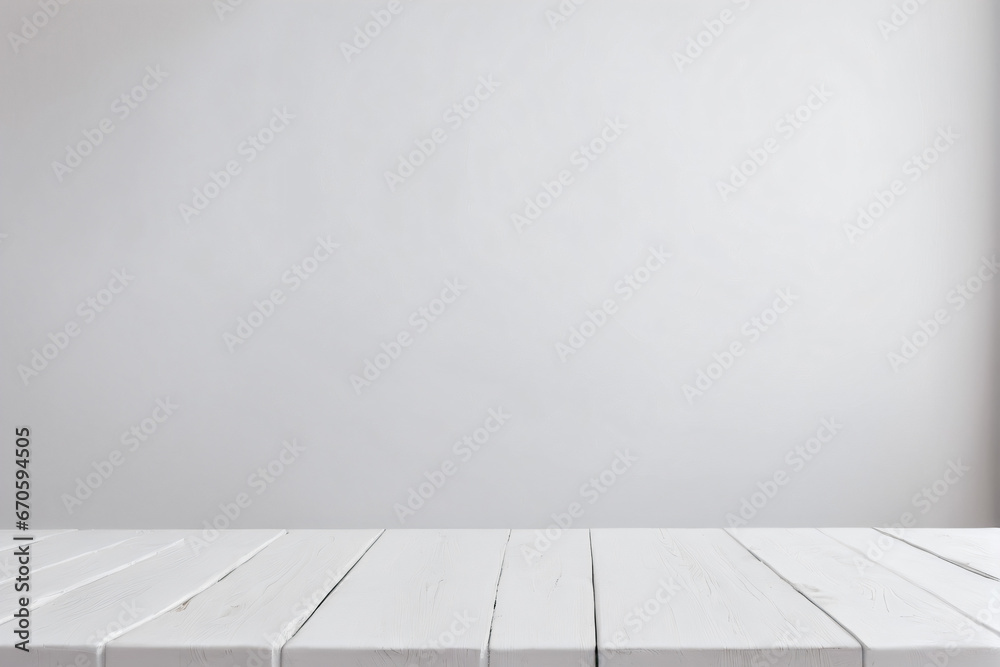 Empty White Wooden Table with White Clean Wall Background