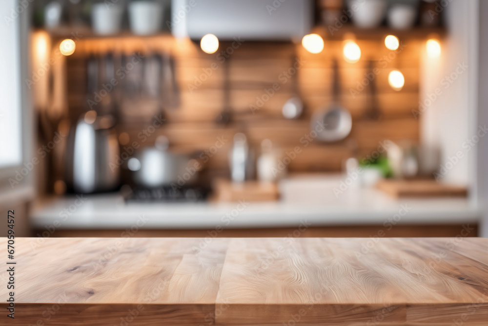 Empty Wooden Table with Blurred Kitchen Background