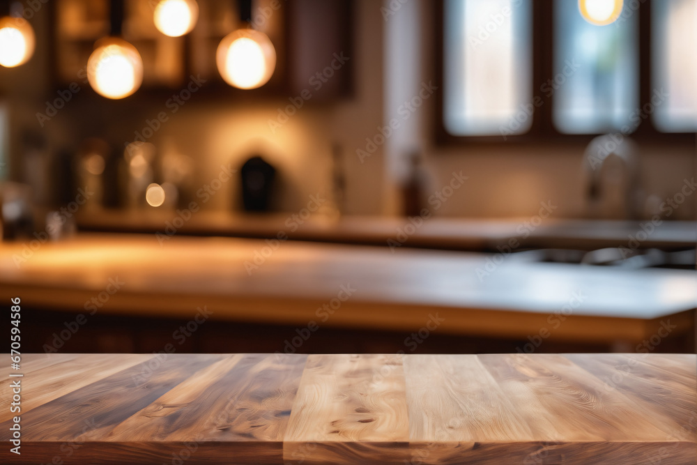 Empty Wooden Table with Blurred Dimly Lit Kitchen Background Empty Wooden Table with Blurred Dimly Lit Kitchen Background