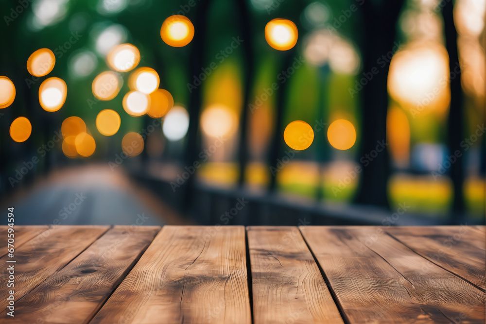 Empty Wooden Table with Bokeh Lights and Blurred Park Background