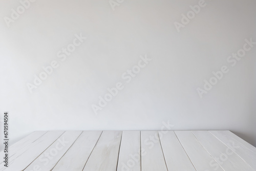 Empty White Wooden Table with White Clean Wall Background © Reytr