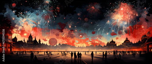 A magical illustration of a festive fireworks display with people looking at the show.