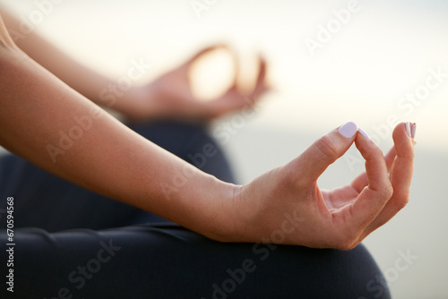 Closeup, yoga and hands in gesture for meditation, zen or calm with cleansing of chakra by outdoor. Female person, practice and health for wellness with gyan mudra pose for breathing, relax or peace