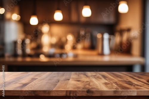 Empty Wooden Table with Blurred Dimly Lit Kitchen Background