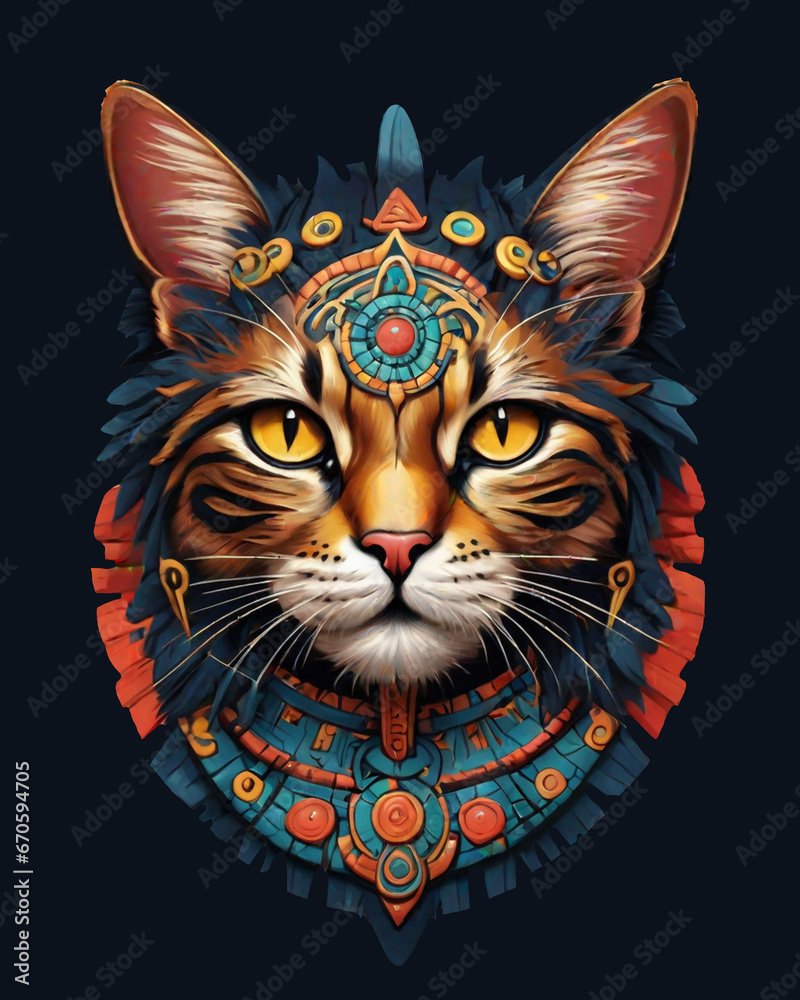 Cat in Mayan mythology style.