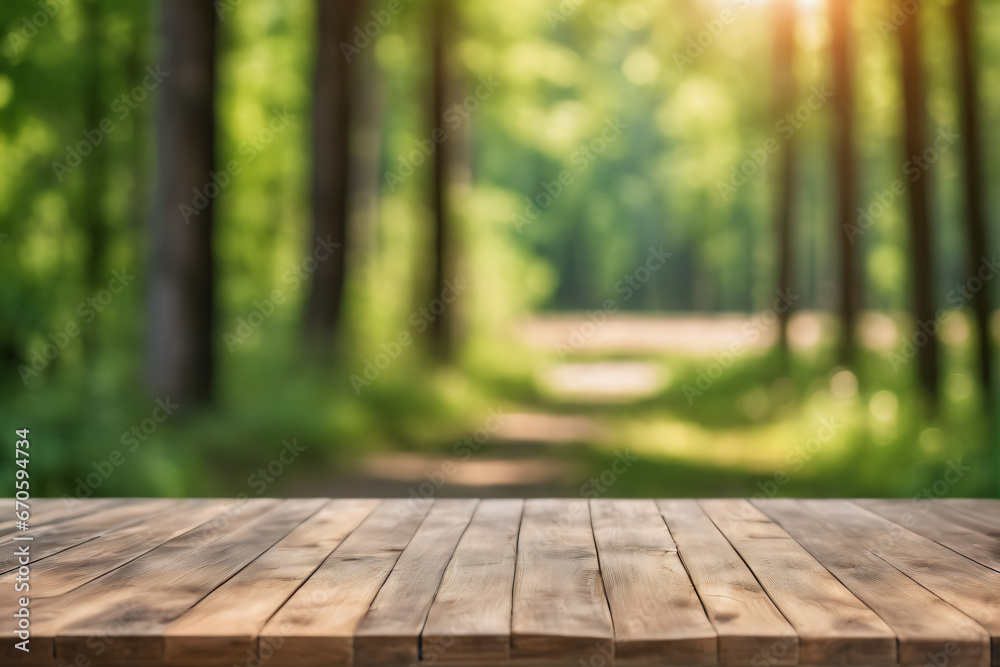 Fototapeta premium Empty Wooden Table with Blurred Pine Trees Forest and Sun Light Shaft Bokeh Background