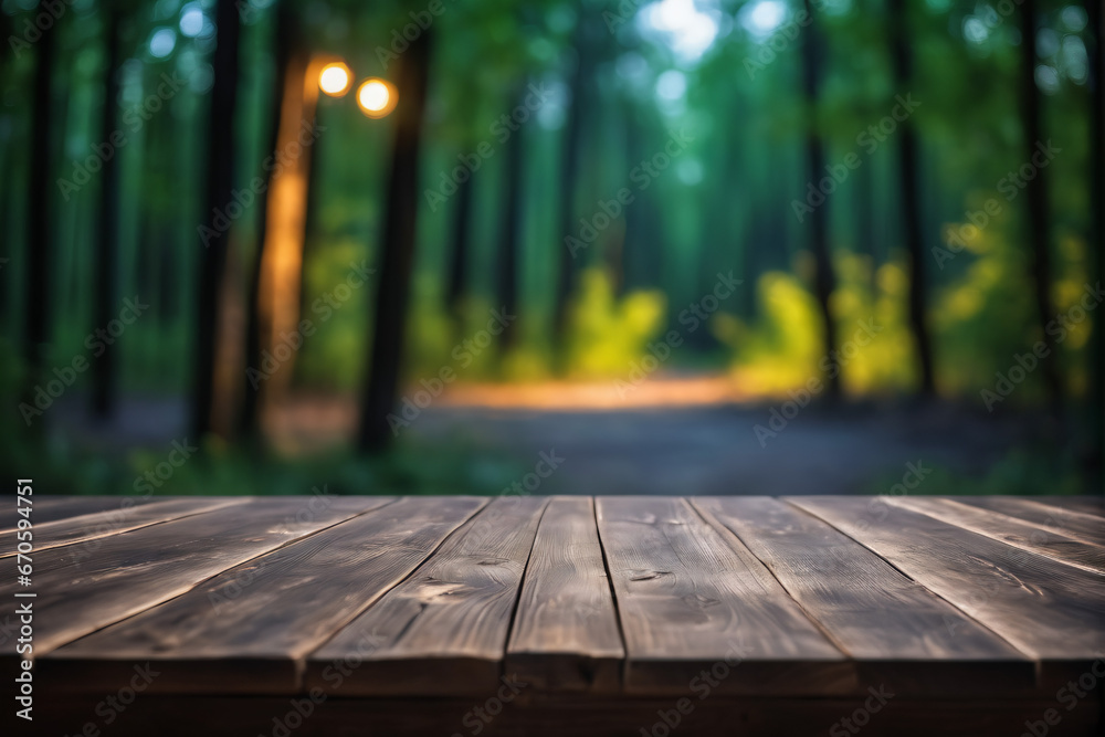 Empty Wooden Table with Blurred Pine Trees Forest and Lamp Bokeh Background at Night Empty Wooden Table with Blurred Pine Trees Forest and Lamp Bokeh Background at Night