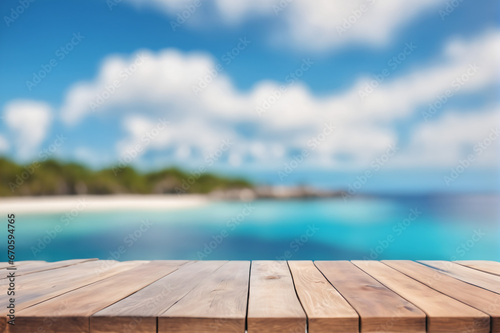 Empty Wooden Table with Blurred Ocean and Island Background Empty Wooden Table with Blurred Ocean and Island Background