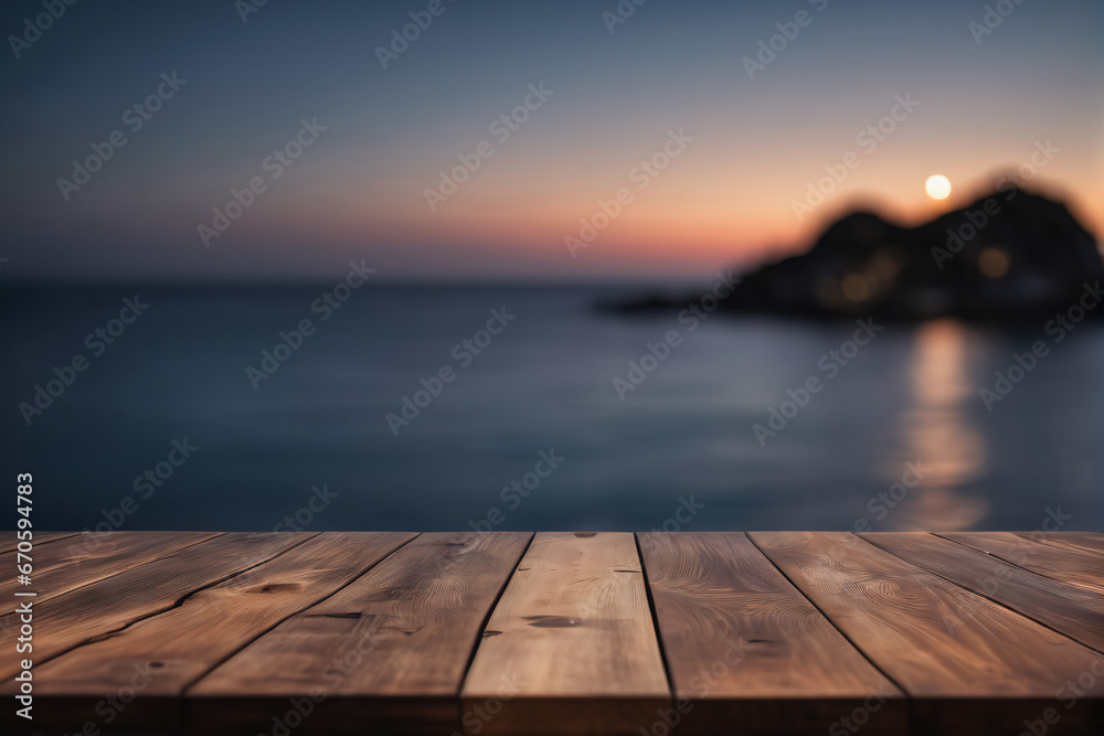 Empty Wooden Table with Blurred Ocean and Island Background at Dawn or Dusk