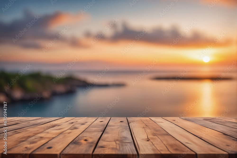 Empty Wooden Table with Blurred Ocean and Island Background at Dawn or Dusk Empty Wooden Table with Blurred Ocean and Island Background at Dawn or Dusk