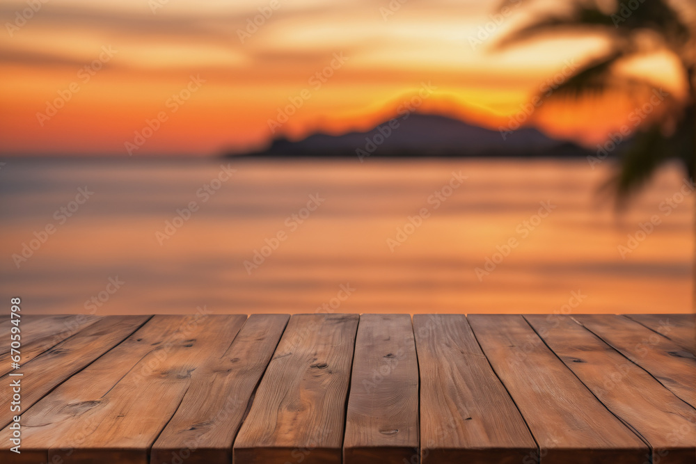 Empty Wooden Table with Blurred Ocean and Island Background at Dawn or Dusk Empty Wooden Table with Blurred Ocean and Island Background at Dawn or Dusk