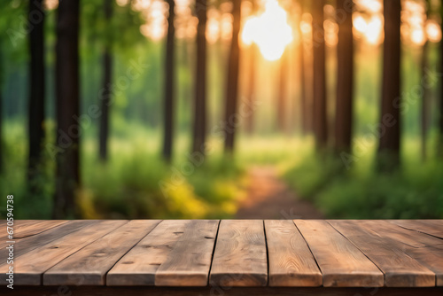 Empty Wooden Table with Blurred Pine Trees Forest and Sun Light Shaft Bokeh Background at Dawn or Dusk