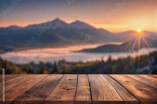 Empty Wooden Table with Blurred Mountains Peak and Hill View Scenery Background at Dawn or Dusk
