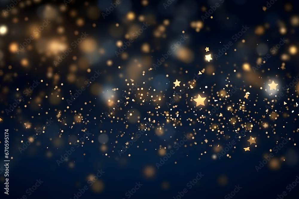 Fototapeta premium An Abstract Background Adorned with Gold Stars, Particles, and Sparkling Effects Set on a Deep Navy Blue Canvas. A Captivating Visual for Christmas and New Year Celebrations