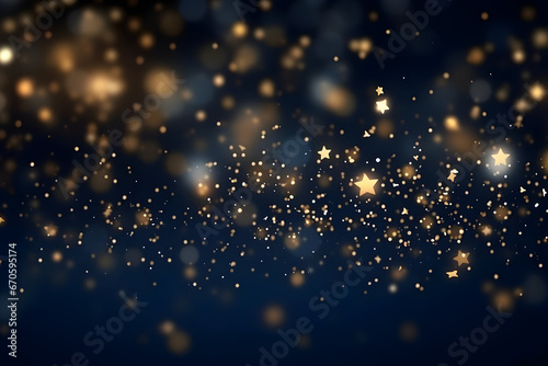 An Abstract Background Adorned with Gold Stars, Particles, and Sparkling Effects Set on a Deep Navy Blue Canvas. A Captivating Visual for Christmas and New Year Celebrations