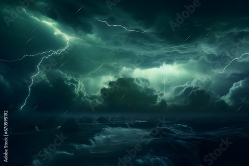 A Black Dark Greenish-Blue Dramatic Night Sky Set Against Gloomy and Ominous Storm Rain Clouds. This Cloudy Thunderstorm Evokes a Sense of Hurricane Wind, Lightning, and Epic Fantasy Mystic. 