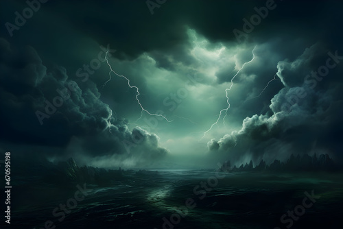 A Black Dark Greenish-Blue Dramatic Night Sky Set Against Gloomy and Ominous Storm Rain Clouds. This Cloudy Thunderstorm Evokes a Sense of Hurricane Wind, Lightning, and Epic Fantasy Mystic. 