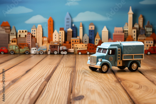 Toy Vehicle Decor on Wooden Table with Urban Theme