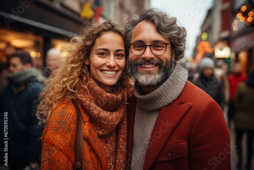 portrait of cheerful couple in knitted sweaters on crowded street with holiday lights © Olesia Bilkei