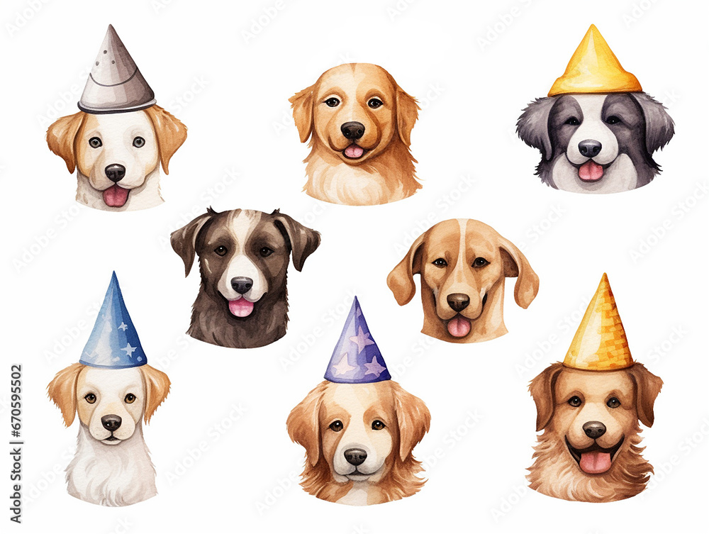 Cute dogs portraits with party hats in style of watercolor on white background