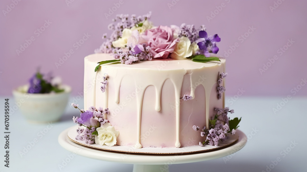 Birthday cake with icing, decorated with flowers Birthday cake with icing, decorated with flowers