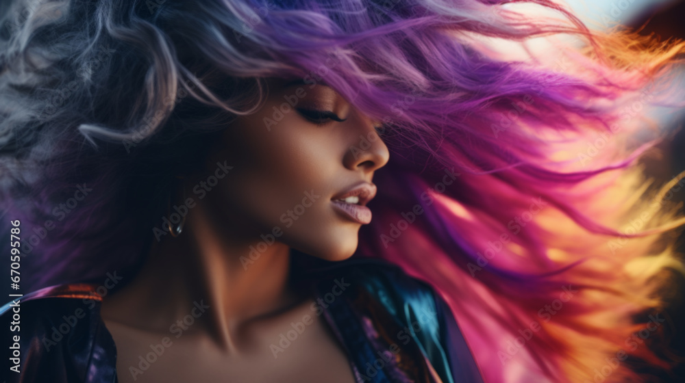 Beautiful woman with multi-colored rainbow hair and creative hairstyle close yp