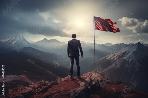 Businessman standing on the top of a mountain and holding a red flag