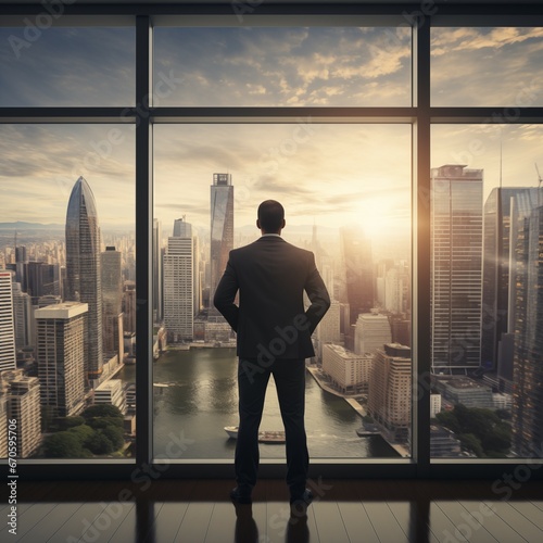 Businessman looking at the city from the window. Business concept.