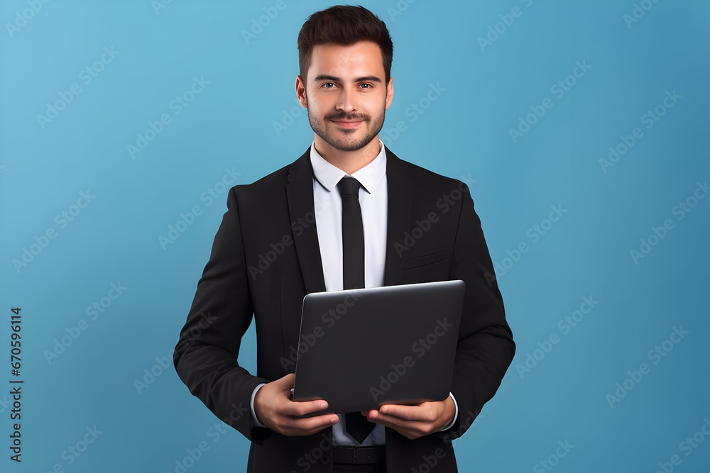 A Portrait of a Smiling Male Professional Manager Dressed in Formalwear, Holding a Laptop and Gazing at the Camera, Confident Businessman standing Against a Cool Blue Background A Portrait of a Smiling Male Professional Manager Dressed in Formalwear, Holding a Laptop and Gazing at the Camera, Confident Businessman standing Against a Cool Blue Background