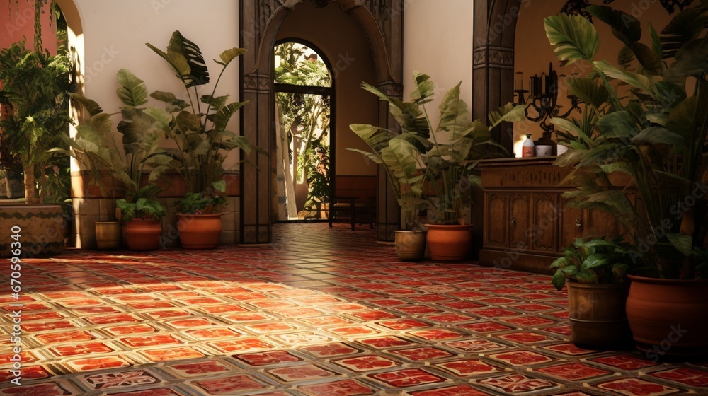 a terracotta tile  inspired by traditional Spanish architecture and warm, rustic tones for a Mediterranean, old-world feel.
