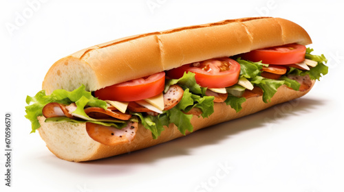 Fresh submarine sandwich with ham, cheese, tomatoes, cucumbers, lettuce and onions
