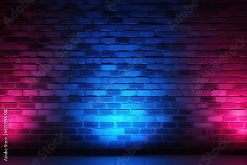 Brick Wall Blue Green Neon Illuminated Vibrant Background Generative AI