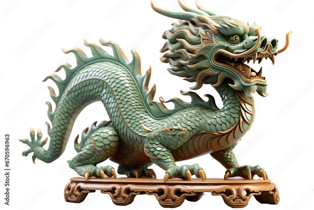 Green wooden dragon isolated on white transparent background, Symbol of New Year 2024 according to the Chinese calendar - obrazy, fototapety, plakaty 