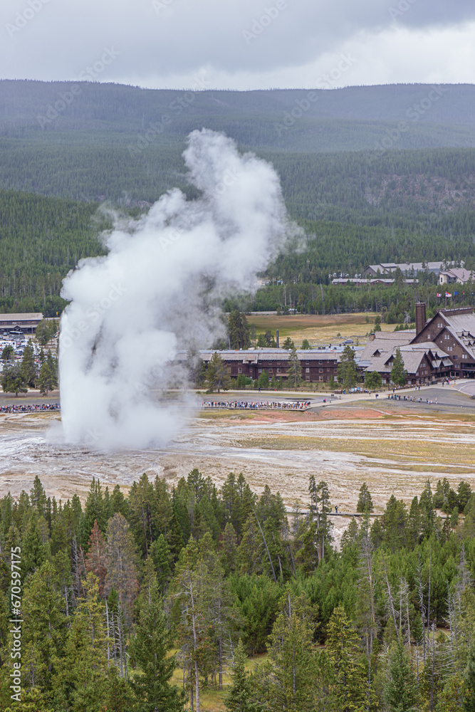 Fototapeta premium Above the eruption of Old Faithful, seen from the observation point above the geyser