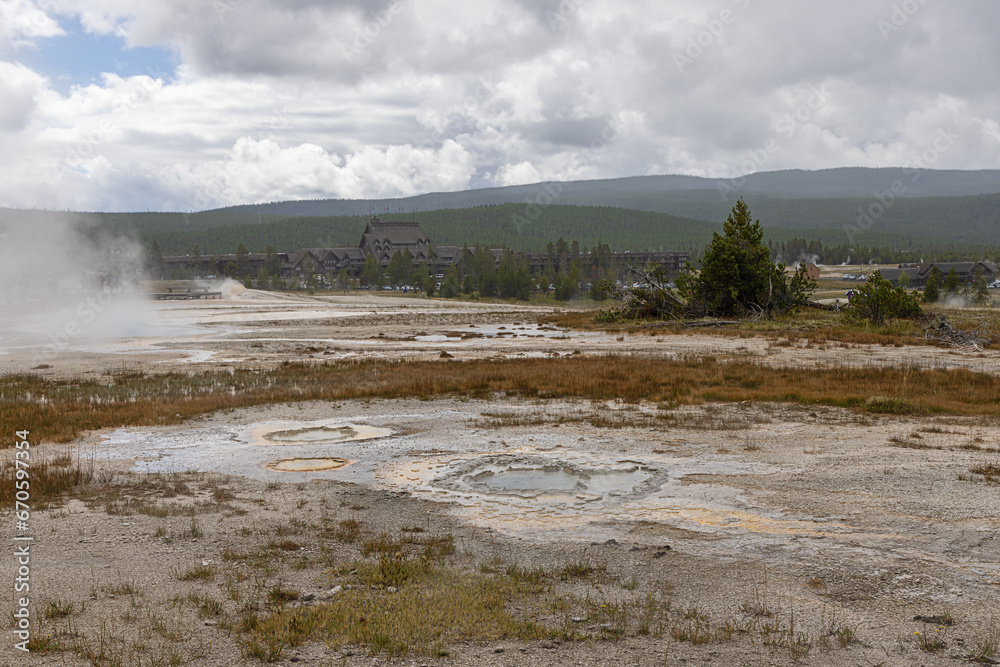 View of the Upper Geyser Basin near Beach Spring in Yellowstone National Park View of the Upper Geyser Basin near Beach Spring in Yellowstone National Park