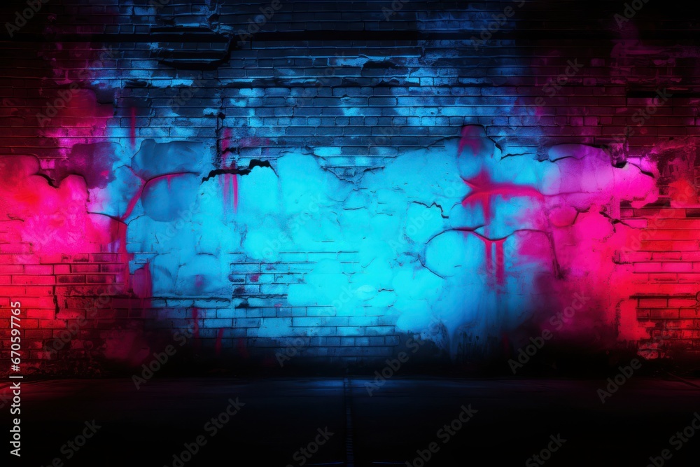 Brick Wall Red Blue Neon Light Graffiti Urban Concept Generative AI